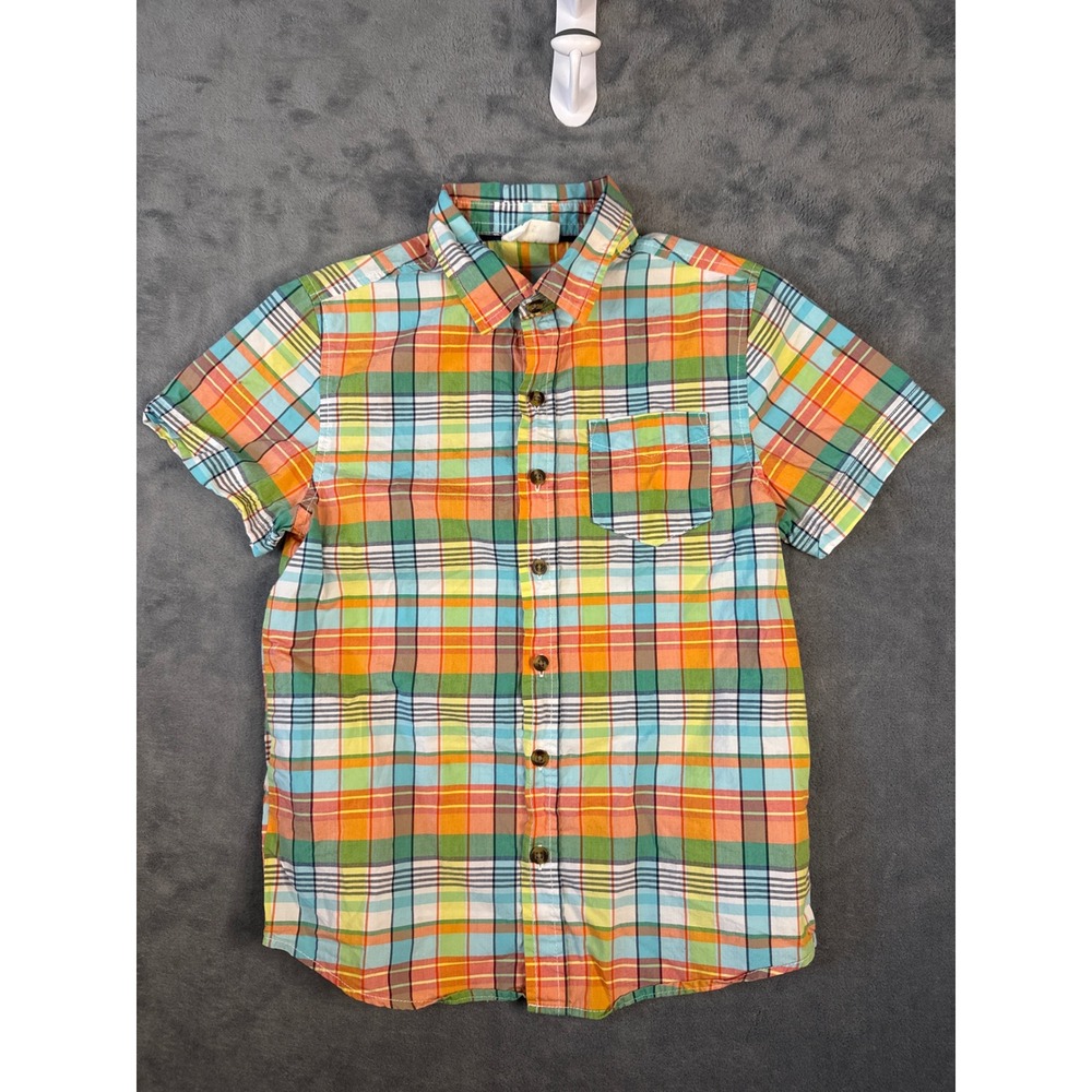 Crazy 8 Boys Short Sleeve Plaid Button Down Shirt Orange Green Blue Size M 7-8